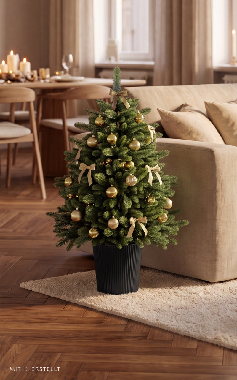 Livgrön im Topf mit Lichterkette und Kugeln geschmückt im Wohnzimmer