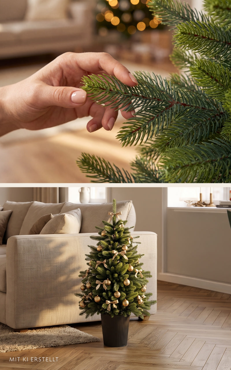 Collage Livgrön im Topf: Hand an einem Zweig, geschmückter Baum neben dem Sofa