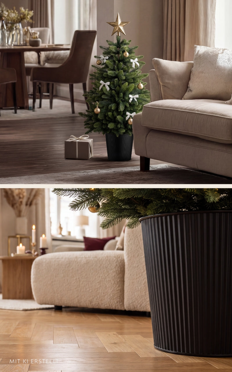Collage Livgrön im Topf: geschmückter Baum im Wohnzimmer, schwarzer Topf in Rippenoptik im Detail